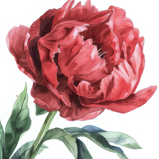 Scarlet peony red watercolor blossom with green stem and leaves